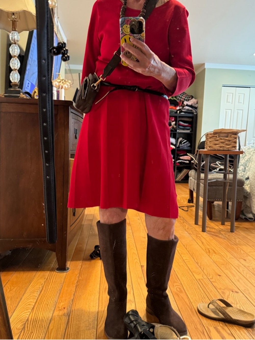 Ann Taylor Red Long Sleeve Fit-and-Flare Dress